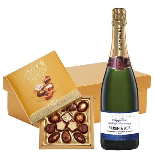 Personalised Champagne - Sapphire Anniversary Label And Lindt Swiss Chocolates Hamper